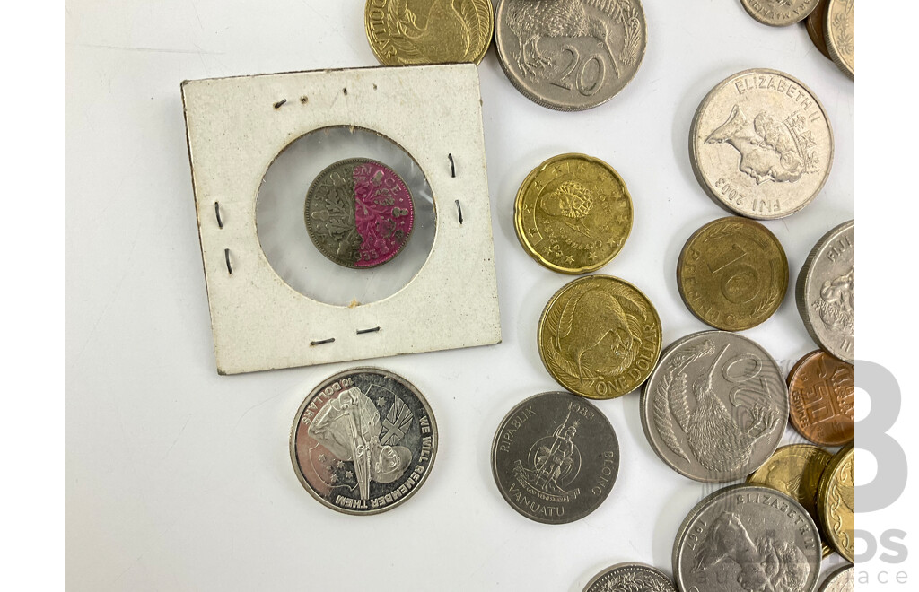 Collection of International Coins Including Kiribati 2013 Silver Ten Dollar, UK 1933 Silver Sixpence, New Zealand, Thailand, PNG, Euro, Malaysia, Indonesia, Vanuatu