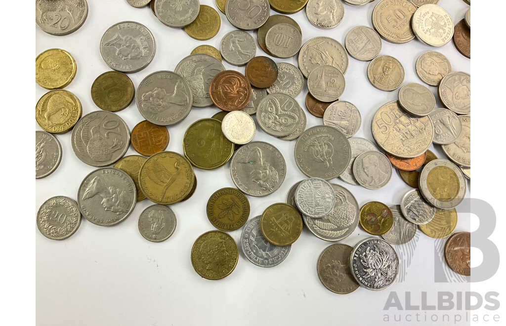 Collection of International Coins Including Kiribati 2013 Silver Ten Dollar, UK 1933 Silver Sixpence, New Zealand, Thailand, PNG, Euro, Malaysia, Indonesia, Vanuatu