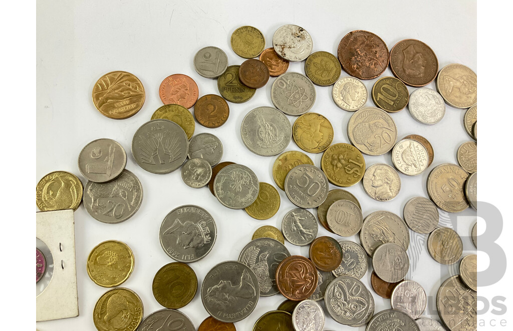 Collection of International Coins Including Kiribati 2013 Silver Ten Dollar, UK 1933 Silver Sixpence, New Zealand, Thailand, PNG, Euro, Malaysia, Indonesia, Vanuatu