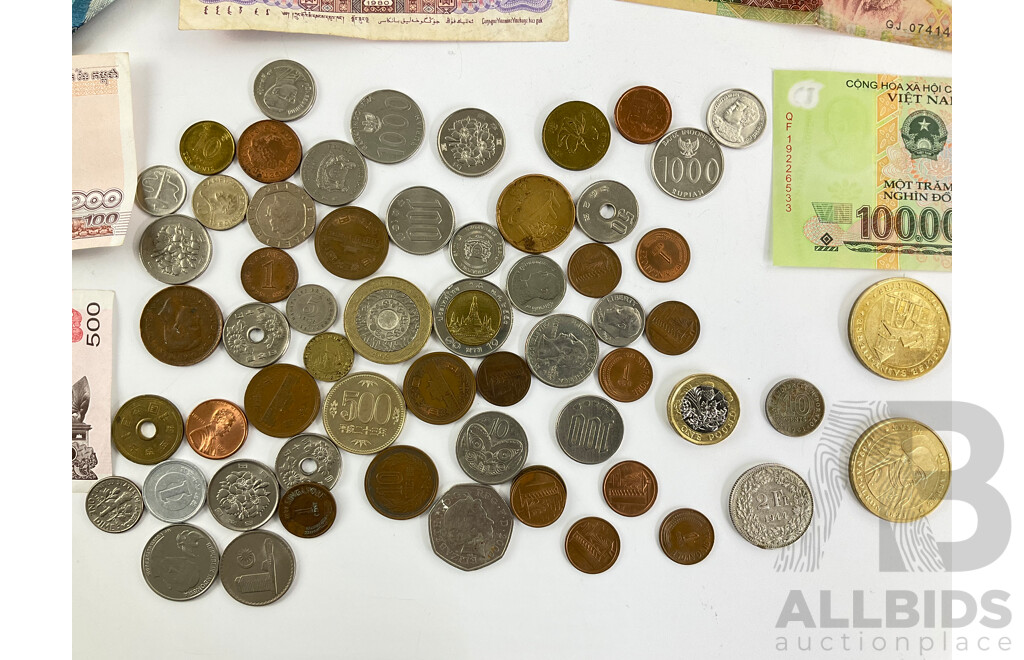 Collection of International Currency Including Switzerland 1944 Silver Two Francs, Thailand, Vietnam, Cambodia, UK, Indonesia, France, China