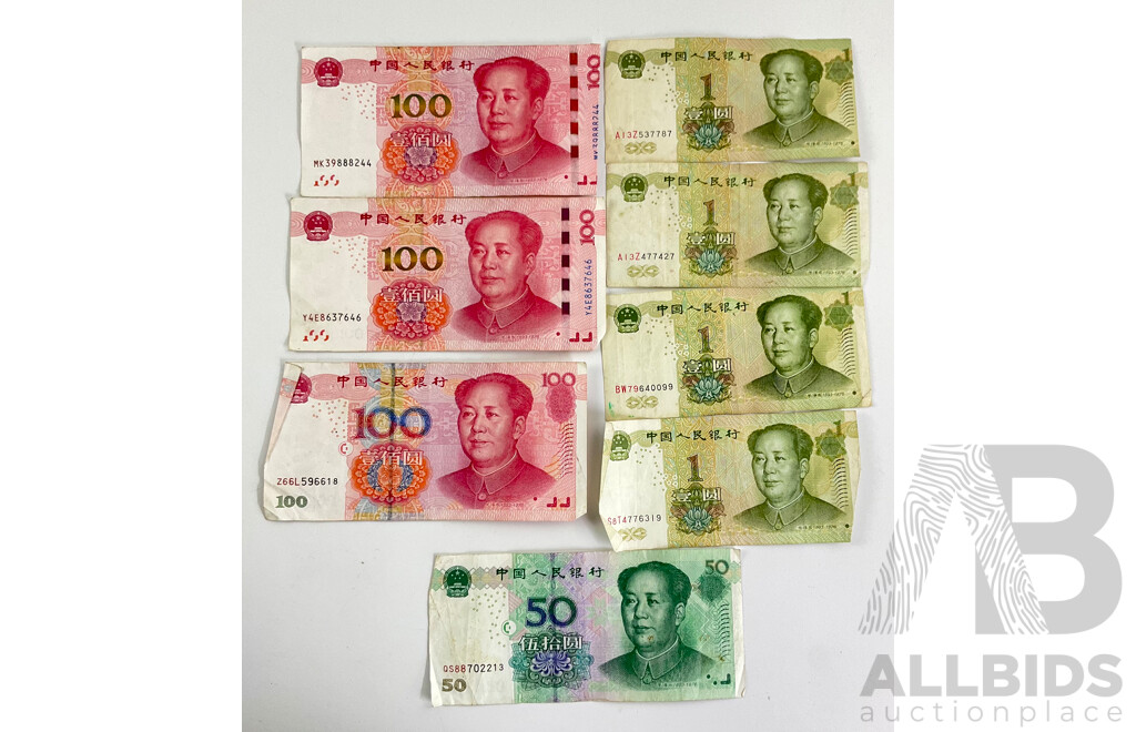 Seven China Banknotes Including Three One Hundred Yuan, One Fifty, Four Ones