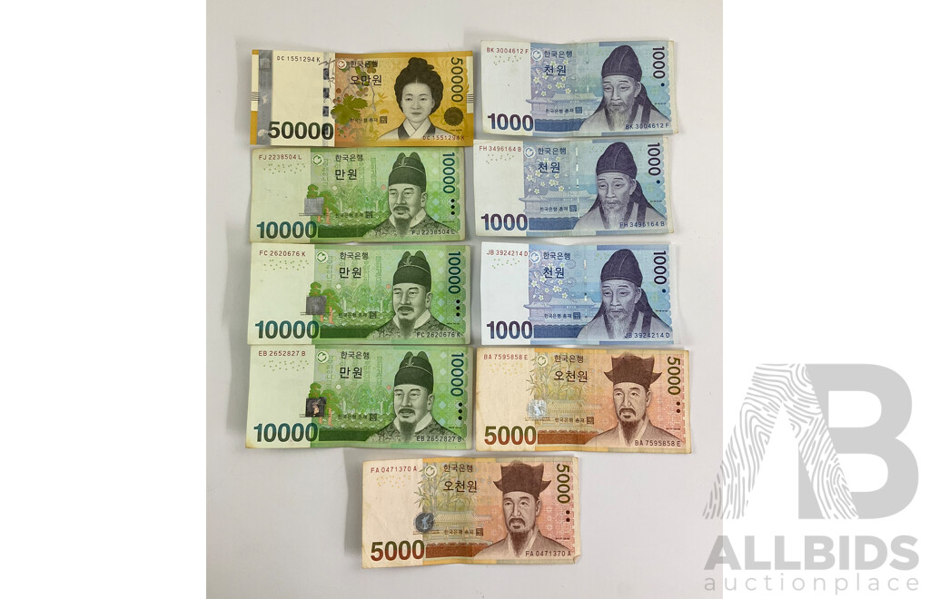 Collection of South Korean Banknotes Including One Fifty Thousand, Three Ten Thousand, Two Five Thousand, Three One Thousand