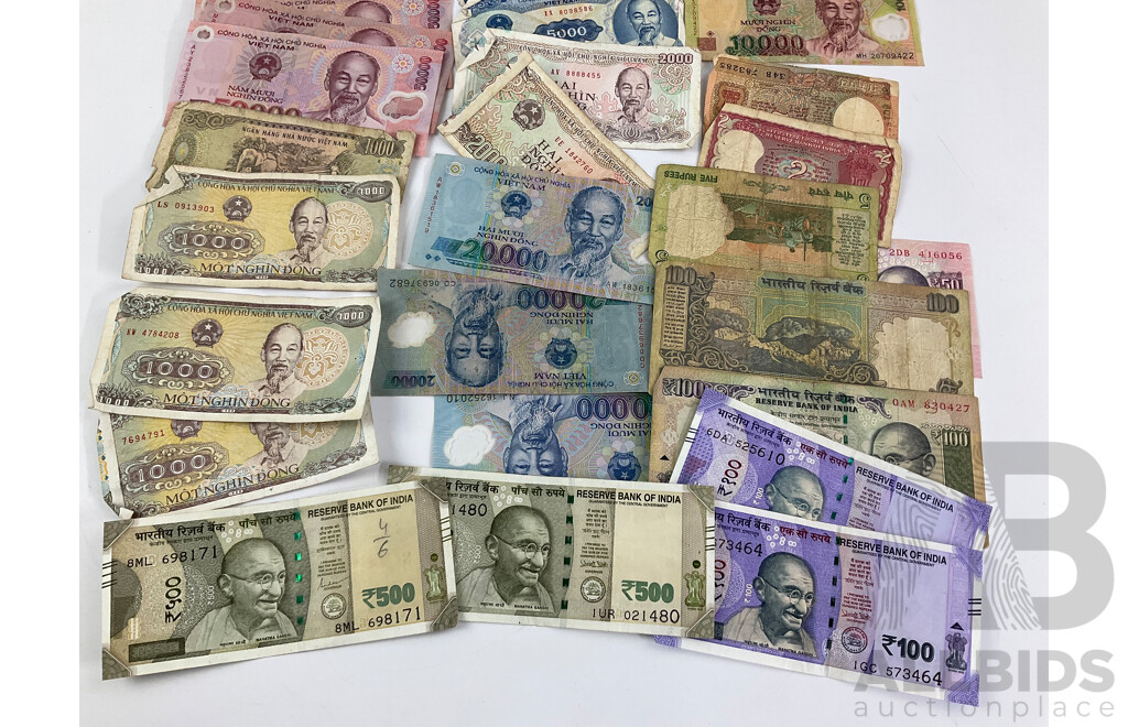 Collection of India and Vietnam Banknotes, Polymer and Paper