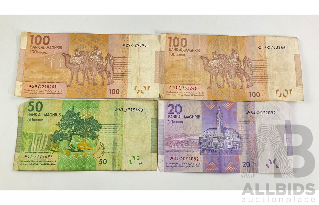 Four Moroccan Bank Notes Including Two One Hundred, Fifty, Twenty