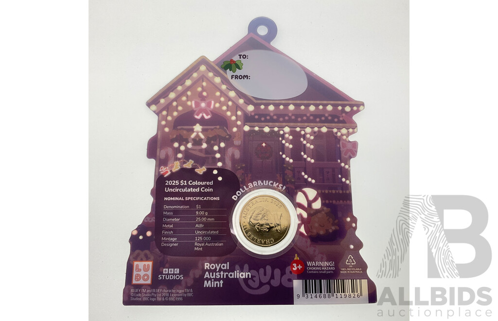 Australian RAM 2025 UNC Commemorative One Dollar Coin, Christmas Bluey Buck