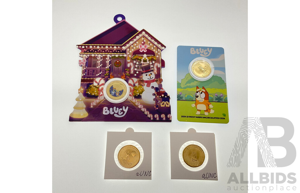 Australian RAM 2025 UNC Commemorative One Dollar Coin, Christmas Bluey Buck with 2024 One Dollar Bluey Buck Privy Mark and Two 2024 UNC Bluey Bucks