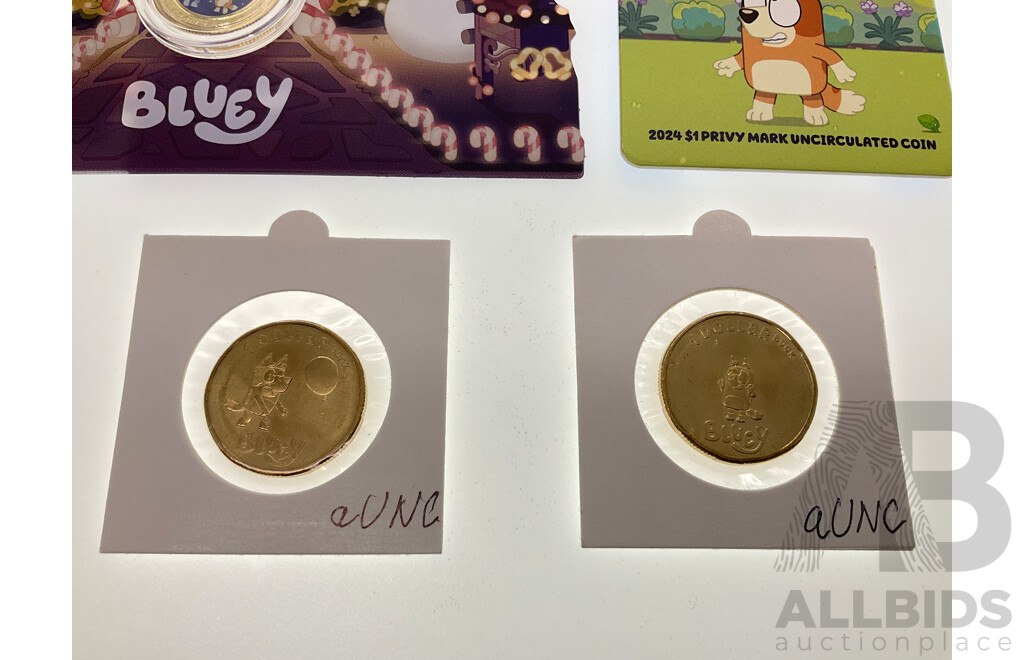 Australian RAM 2025 UNC Commemorative One Dollar Coin, Christmas Bluey Buck with 2024 One Dollar Bluey Buck Privy Mark and Two 2024 UNC Bluey Bucks