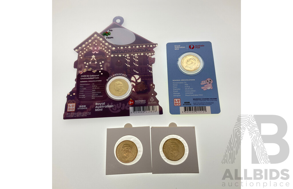 Australian RAM 2025 UNC Commemorative One Dollar Coin, Christmas Bluey Buck with 2024 One Dollar Bluey Buck Privy Mark and Two 2024 UNC Bluey Bucks