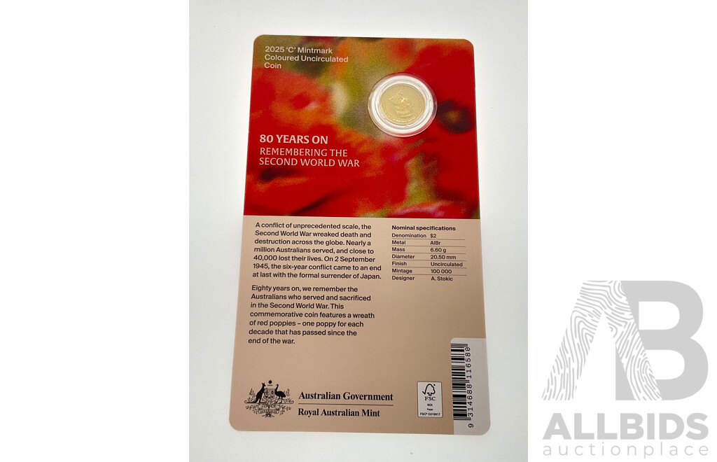 Australian RAM 2025 Commemorative Two Dollar Coin, 80 Years On, Remembering the Second World War, C Mint Mark