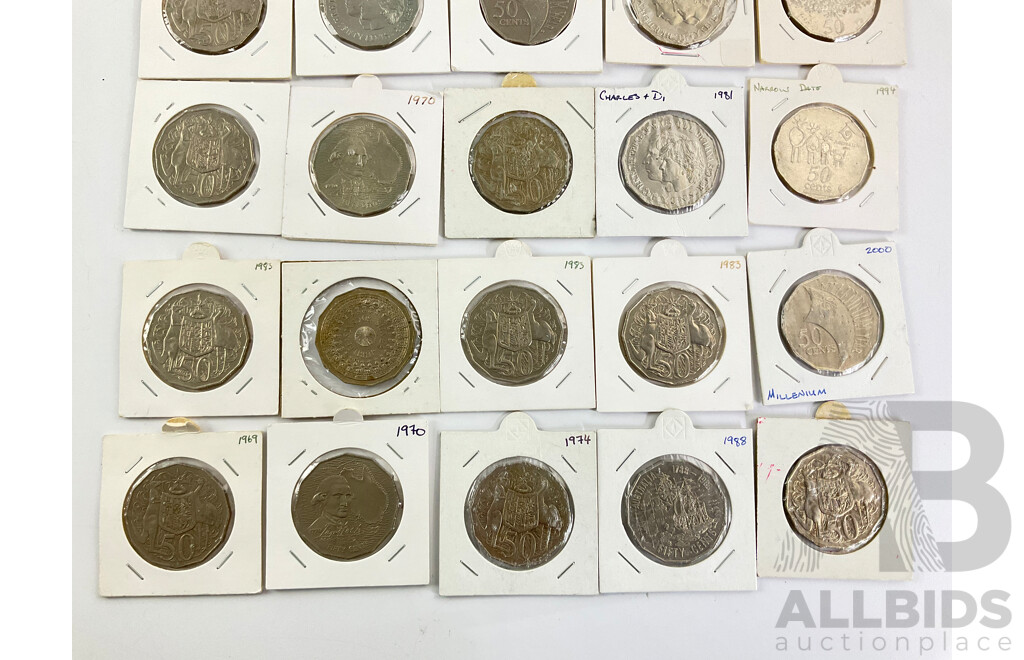 Fifty Australian Fifty Cent Coins, Examples Spanning 1969 to 2001 Including Commemorative 1970 Cook, 1977 Jubilee, 1988 Bicentennial, 1981 Charles and Diana, 1982 Commonwealth Games