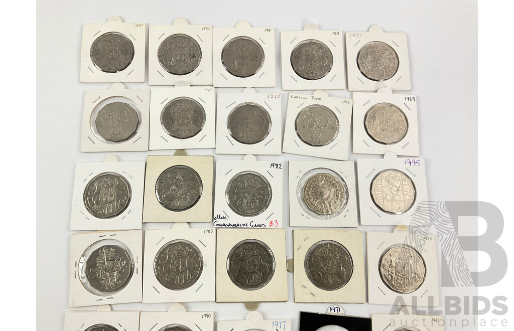 Fifty Australian Fifty Cent Coins, Examples Spanning 1969 to 2001 Including Commemorative 1970 Cook, 1977 Jubilee, 1988 Bicentennial, 1981 Charles and Diana, 1982 Commonwealth Games