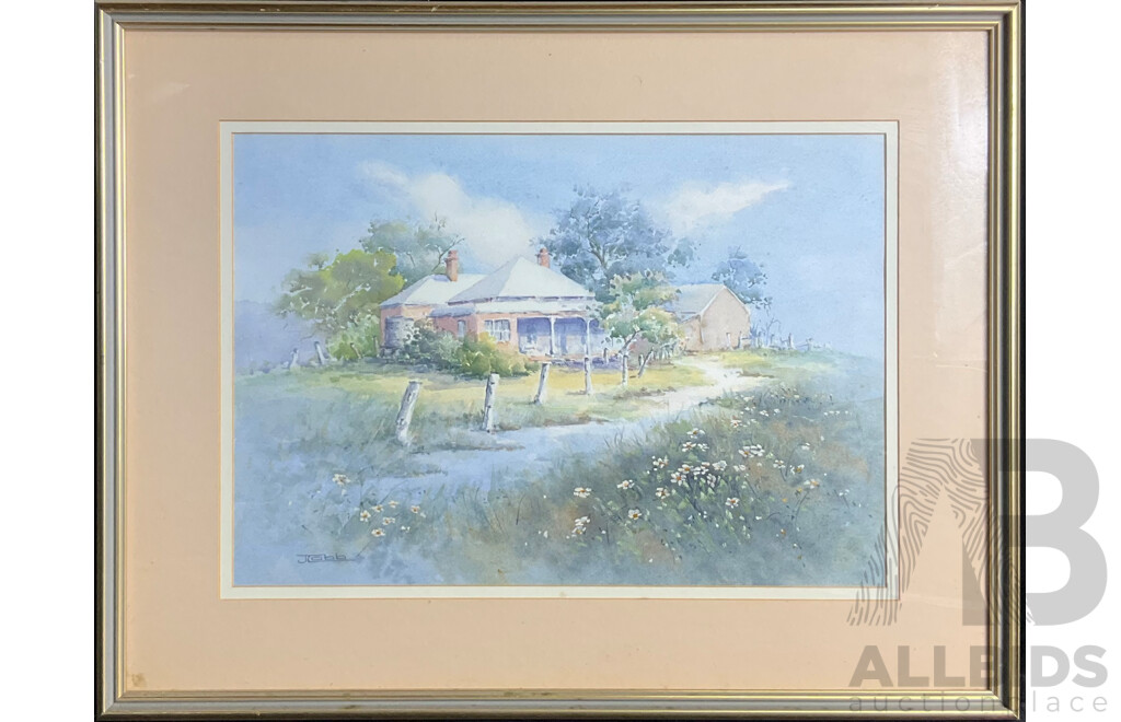 Janet Hoyer-Cobb Framed Landscape with Cottage ,Watercolour  on Paper