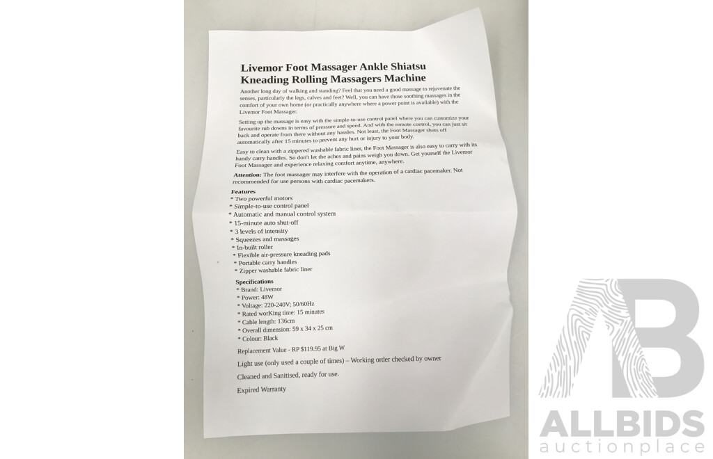 Livemor Foot Massager Ankle Shiatsu Kneading Rolling Massager Machine