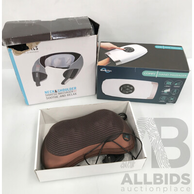 Assorted Massage Products - Hand Massager, Shiatsu Neck & Shoulder Massager, and Massage Pillow - Lot of 3