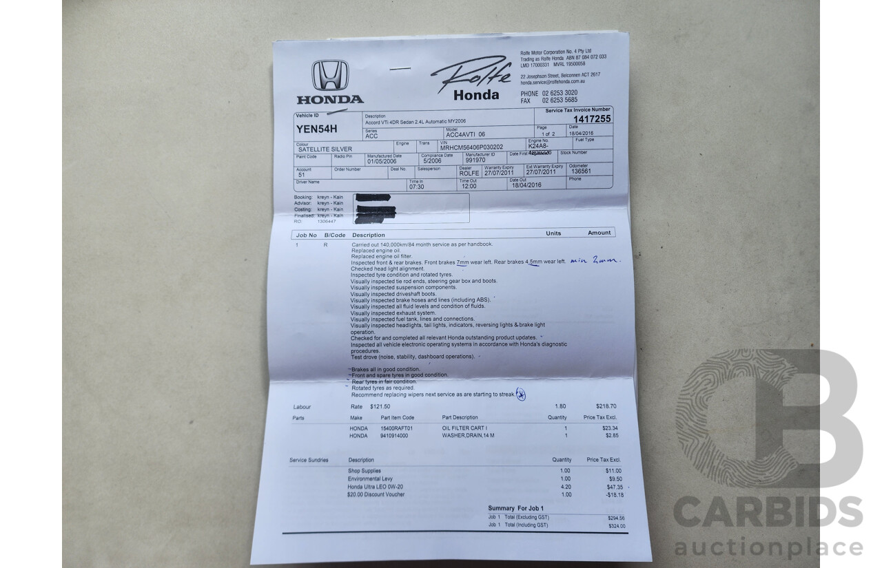 5/2006 Honda Accord VTi 40 4d Sedan Gold 2.4L