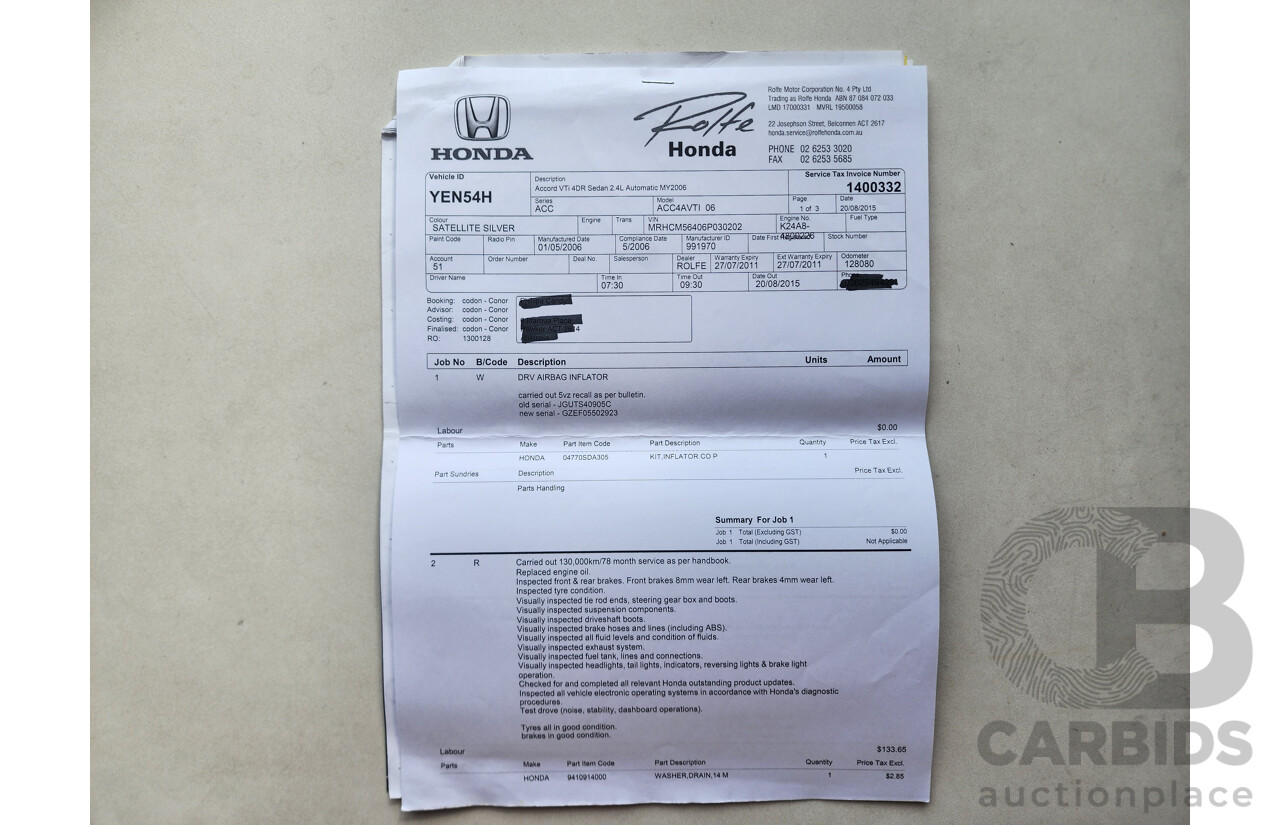 5/2006 Honda Accord VTi 40 4d Sedan Gold 2.4L