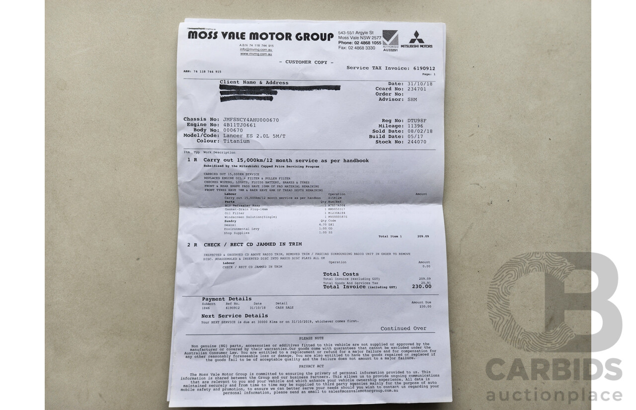 5/2017 Mitsubishi Lancer ES Sport CF MY17 4d Sedan null 2.0L