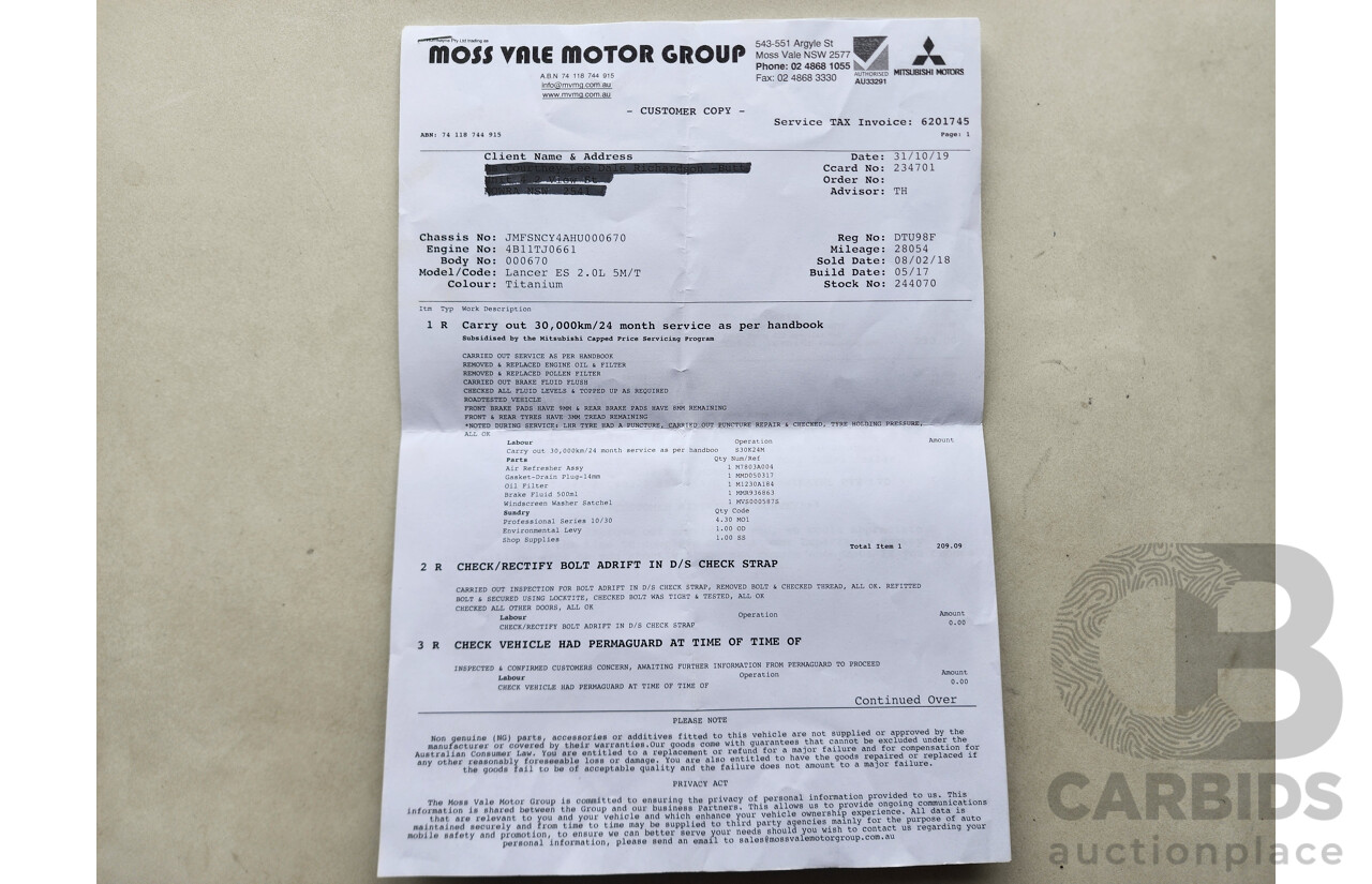 5/2017 Mitsubishi Lancer ES Sport CF MY17 4d Sedan null 2.0L