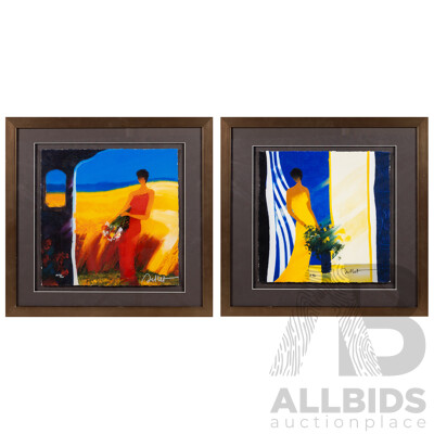Emile Bellet, (20th Century, French, 1941-), Parfum Bleu & Retour Fleuri II, Lovely Pair of Editioned Giclees on Paper, 51 x 53 cm (frames) (2)