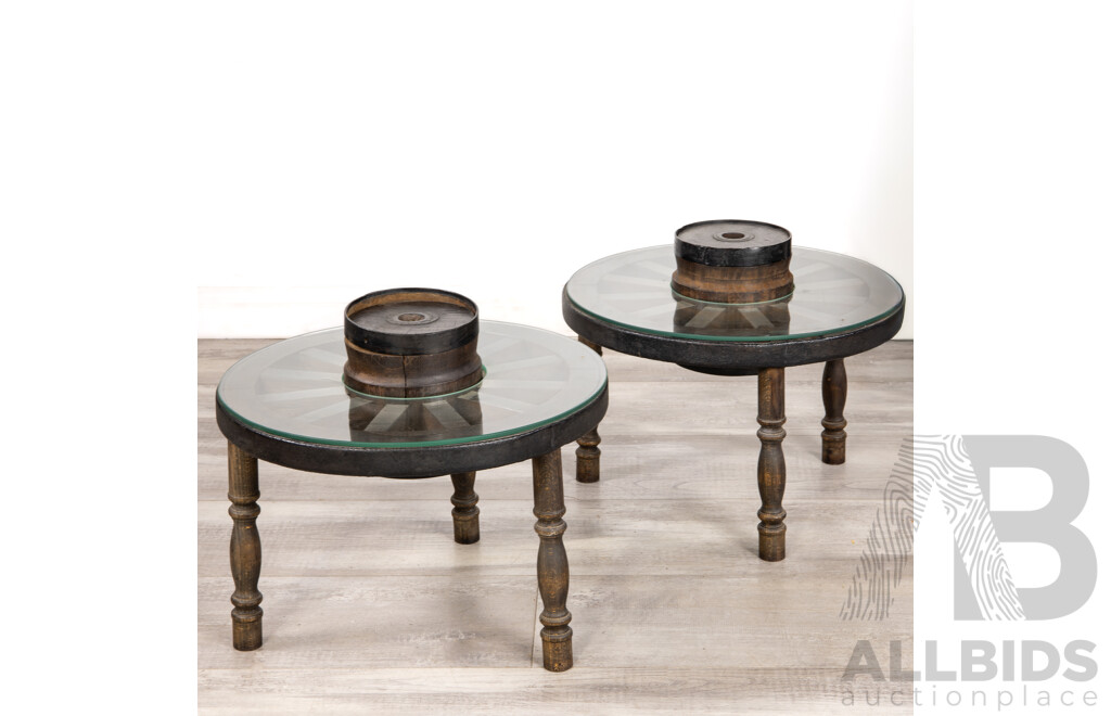 Pair of Edo Period Style Wheel Form Side Tables with Glass Tops