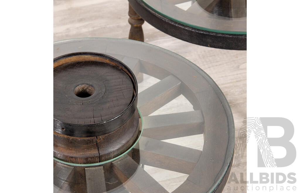 Pair of Edo Period Style Wheel Form Side Tables with Glass Tops