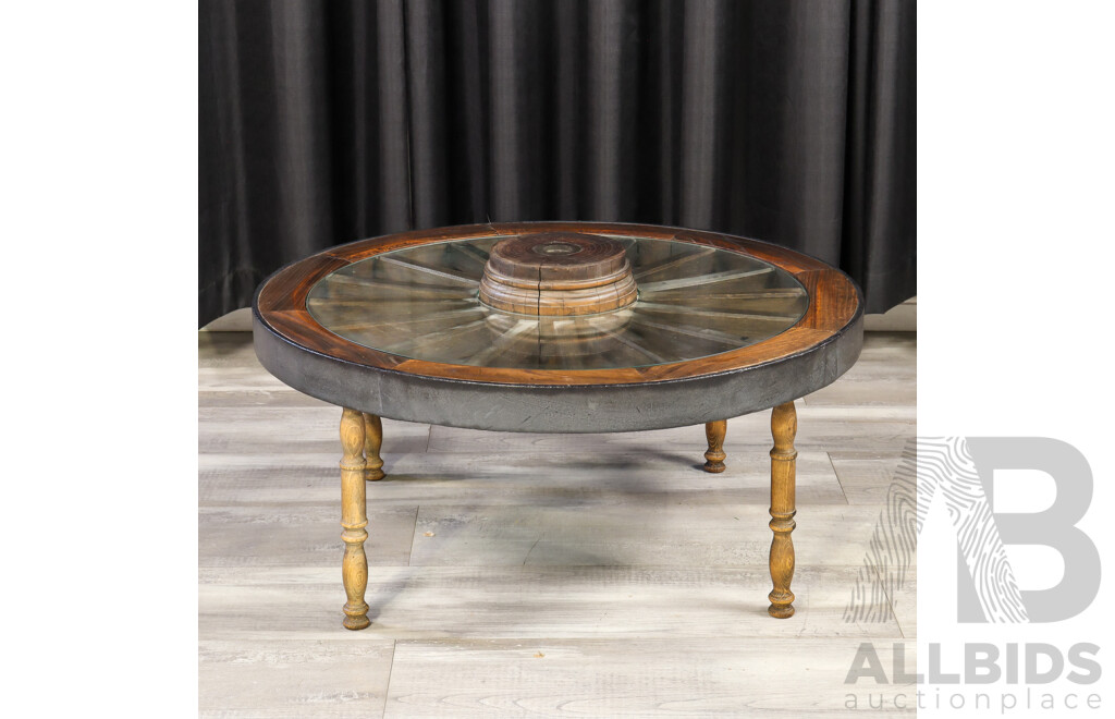 Edo Period Style Wheel Form Side Table with Glass Top