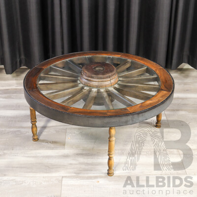 Edo Period Style Wheel Form Side Table with Glass Top