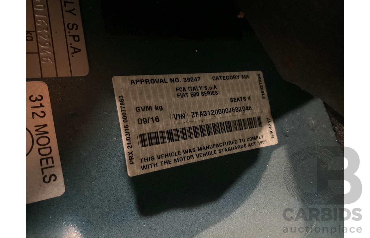 09/2016 Fiat 500 Lounge (FWD) Series 4 3d Hatchback Teal Blue Metallic 1.4L
