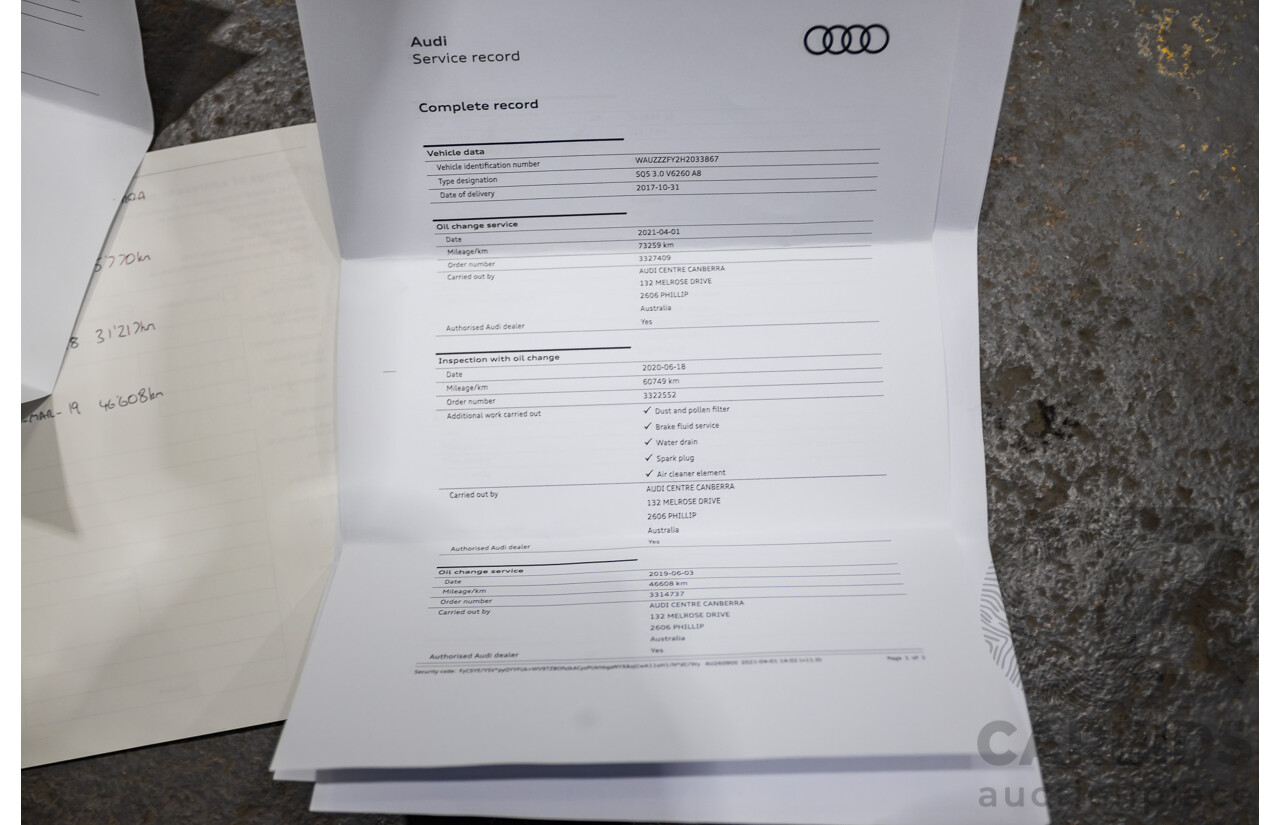 08/2017 Audi SQ5 3.0 TFSI Quattro (AWD) FY MY17 4d Wagon Daytona Grey Pearl Turbo V6 3.0L