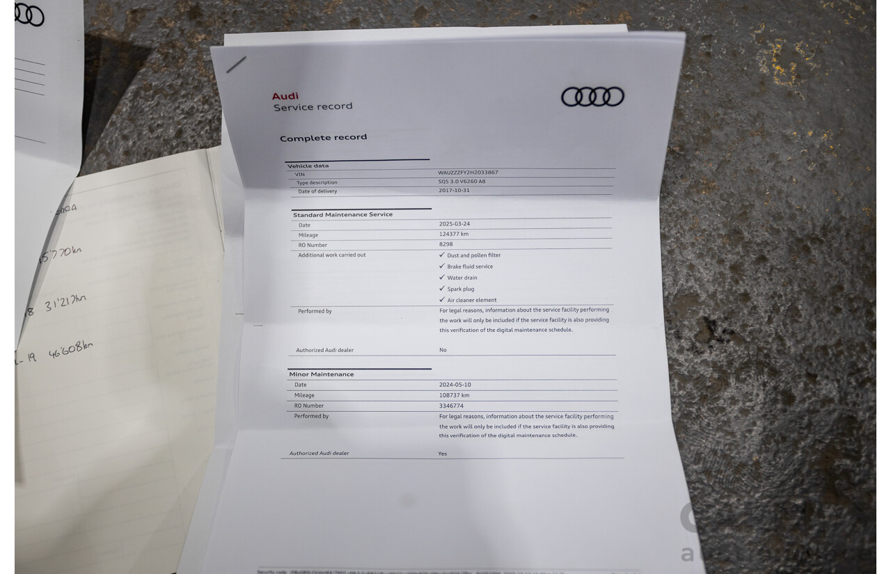 08/2017 Audi SQ5 3.0 TFSI Quattro (AWD) FY MY17 4d Wagon Daytona Grey Pearl Turbo V6 3.0L