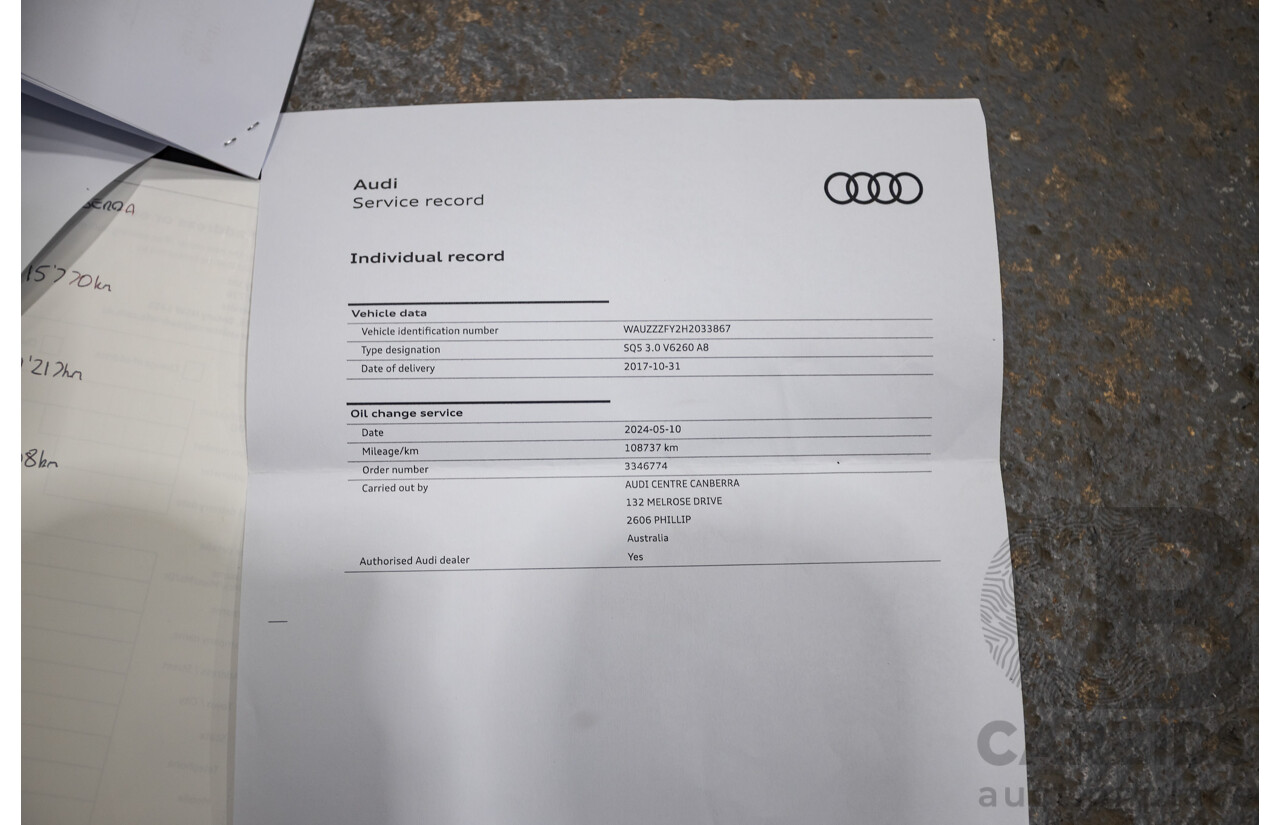 08/2017 Audi SQ5 3.0 TFSI Quattro (AWD) FY MY17 4d Wagon Daytona Grey Pearl Turbo V6 3.0L