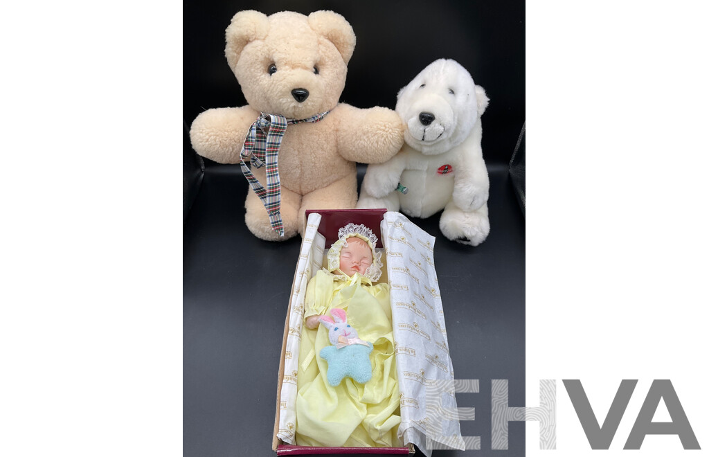 ASHTON DRAKE Porcelain Baby Doll ''Little Bit of Sunshine'', Tambo Teddies Bear and CocaCola Plush Polar Bear and Meerkat Plush Toy - Lot of 4