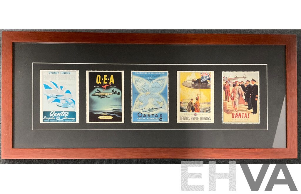 Framed Collection of Five Vintage Posters From Qantas Empire Airways, 36 X 84 Cm (frame)