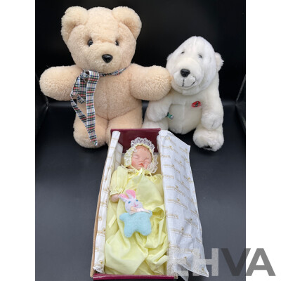 ASHTON DRAKE Porcelain Baby Doll ''Little Bit of Sunshine'', Tambo Teddies Bear and CocaCola Plush Polar Bear and Meerkat Plush Toy - Lot of 4