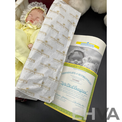 ASHTON DRAKE Porcelain Baby Doll ''Little Bit of Sunshine'', Tambo Teddies Bear and CocaCola Plush Polar Bear and Meerkat Plush Toy - Lot of 4