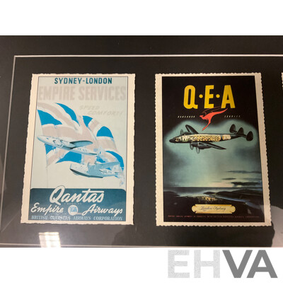 Framed Collection of Five Vintage Posters From Qantas Empire Airways, 36 X 84 Cm (frame)
