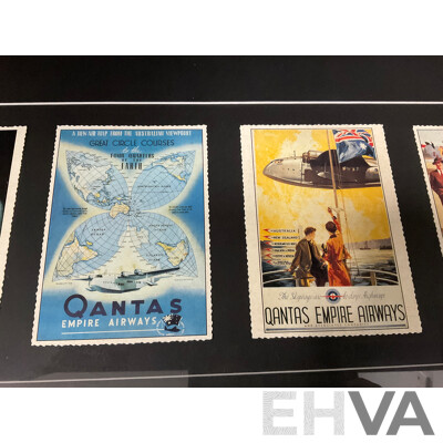 Framed Collection of Five Vintage Posters From Qantas Empire Airways, 36 X 84 Cm (frame)