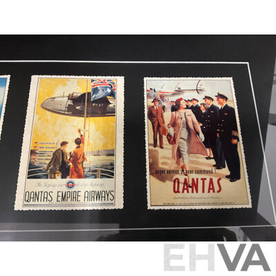 Framed Collection of Five Vintage Posters From Qantas Empire Airways, 36 X 84 Cm (frame)