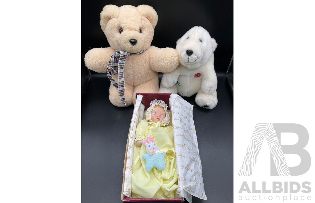 ASHTON DRAKE Porcelain Baby Doll ''Little Bit of Sunshine'', Tambo Teddies Bear and CocaCola Plush Polar Bear and Meerkat Plush Toy - Lot of 4
