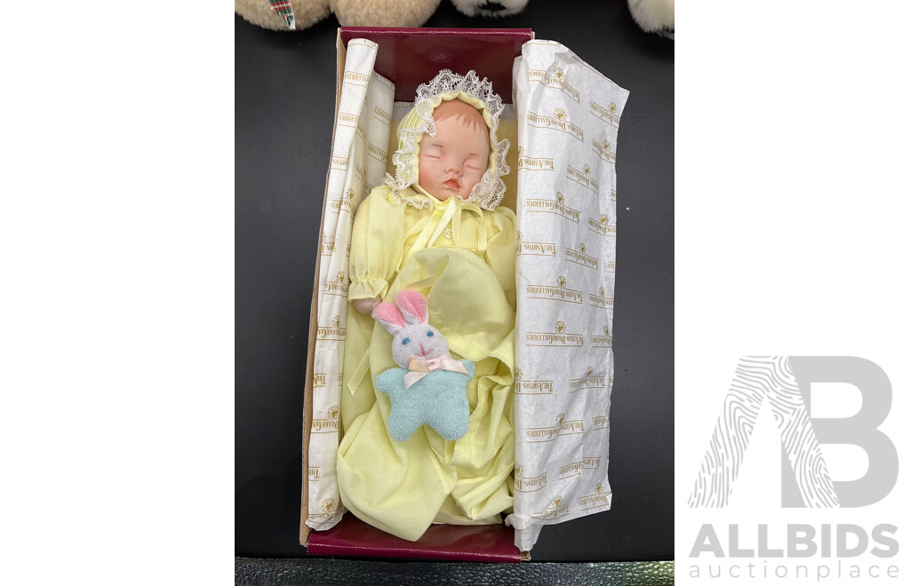 ASHTON DRAKE Porcelain Baby Doll ''Little Bit of Sunshine'', Tambo Teddies Bear and CocaCola Plush Polar Bear and Meerkat Plush Toy - Lot of 4