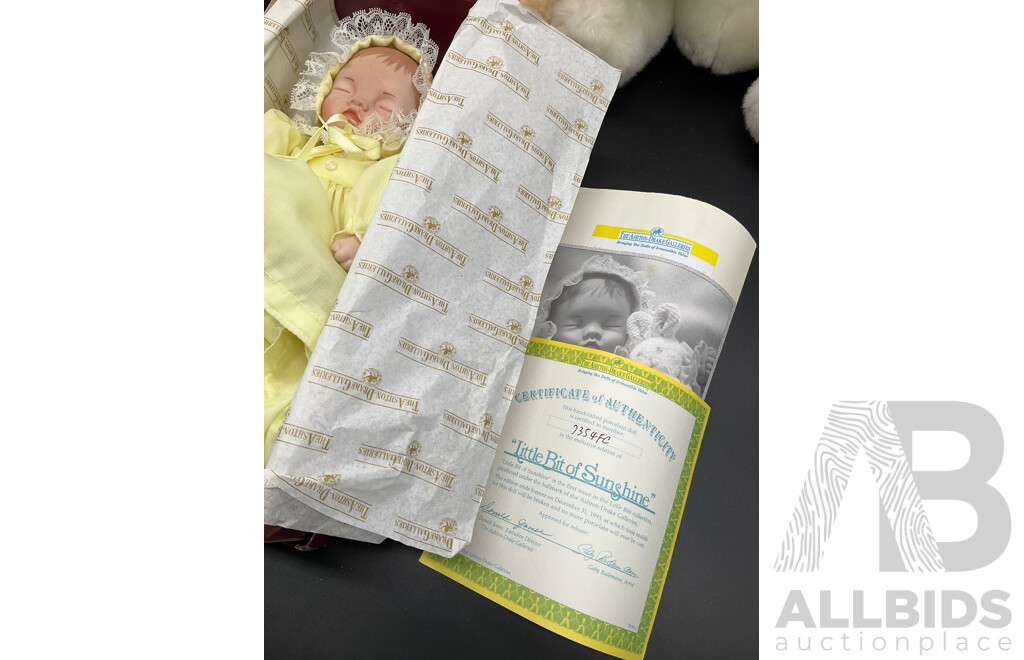 ASHTON DRAKE Porcelain Baby Doll ''Little Bit of Sunshine'', Tambo Teddies Bear and CocaCola Plush Polar Bear and Meerkat Plush Toy - Lot of 4