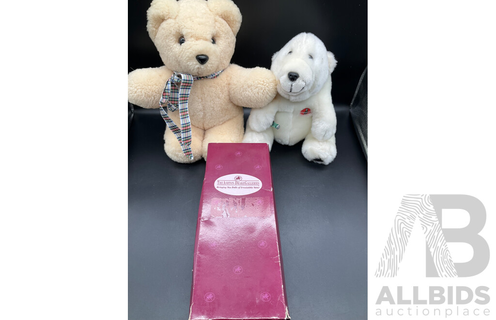 ASHTON DRAKE Porcelain Baby Doll ''Little Bit of Sunshine'', Tambo Teddies Bear and CocaCola Plush Polar Bear and Meerkat Plush Toy - Lot of 4
