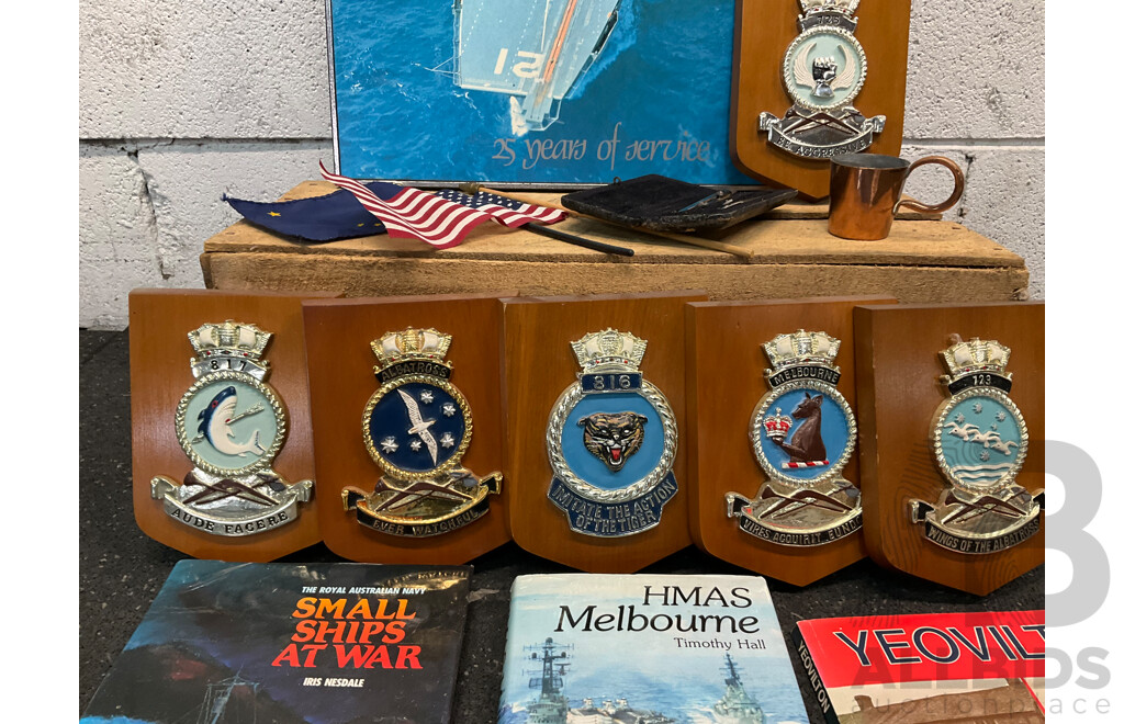 Collection of Memorabilia Releated to the HMAS and Royal Australian Navy, Including Rum Navy 1/2 Gill Copper Cup