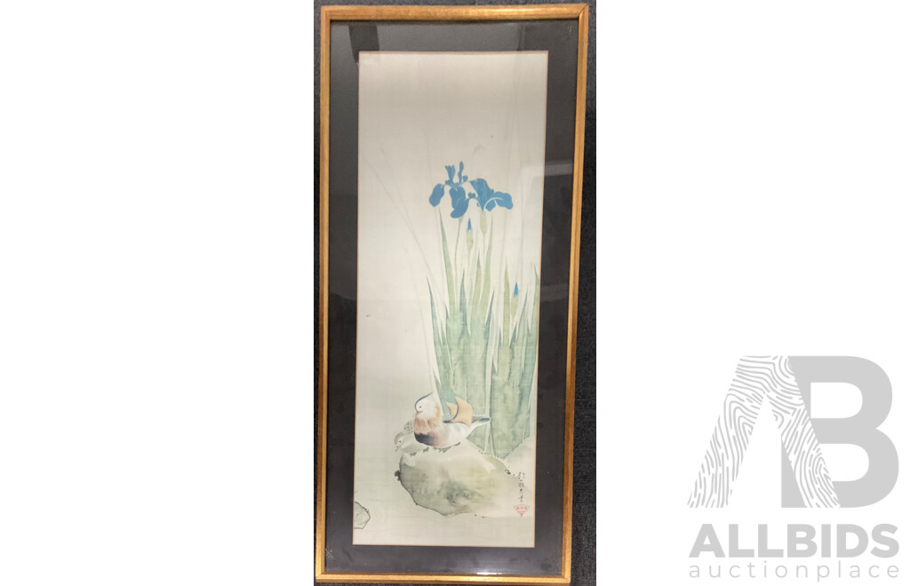 Sakai Hoitsu  (1761-1828) Japanese Artist - ''Iris and Mandarin Ducks'',  Framed Print,  87 X 40 Cm (frame)