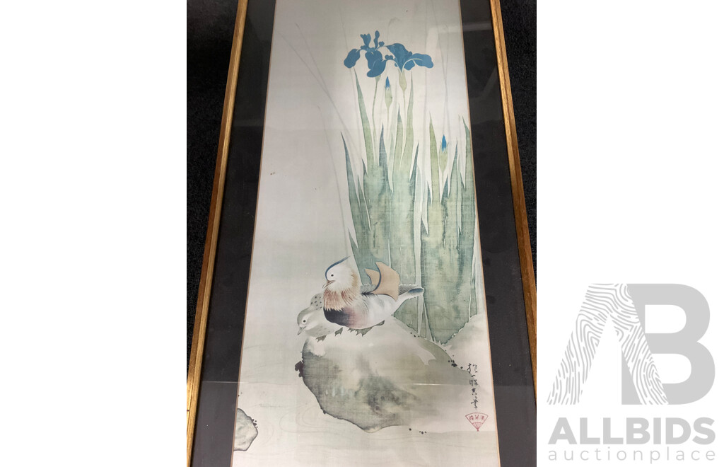 Sakai Hoitsu  (1761-1828) Japanese Artist - ''Iris and Mandarin Ducks'',  Framed Print,  87 X 40 Cm (frame)