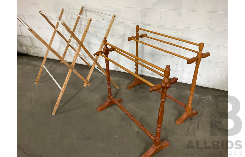 Vintage Wooden Towel Racks and Clothes Airer Wood 12 Rails - Lot of 3