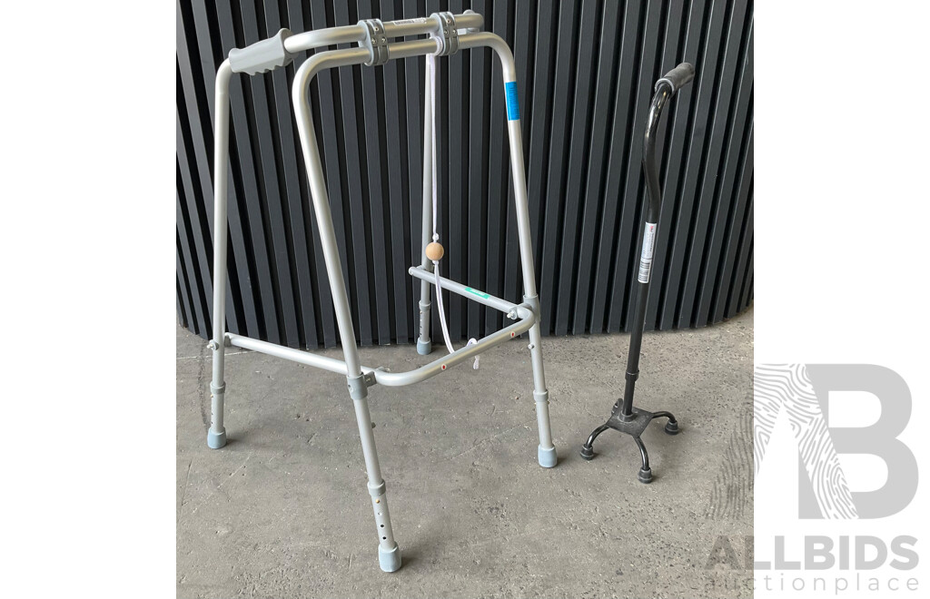 Walking Frame Folding Ball Walker Medium and Quad Stick Adjustable Small Base - Lot of 2
