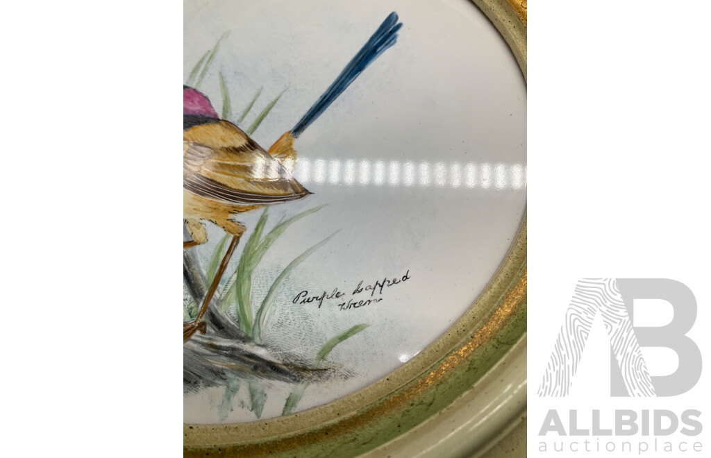 Set of 4 Bird on Branch Round Framed Art - Handpainted