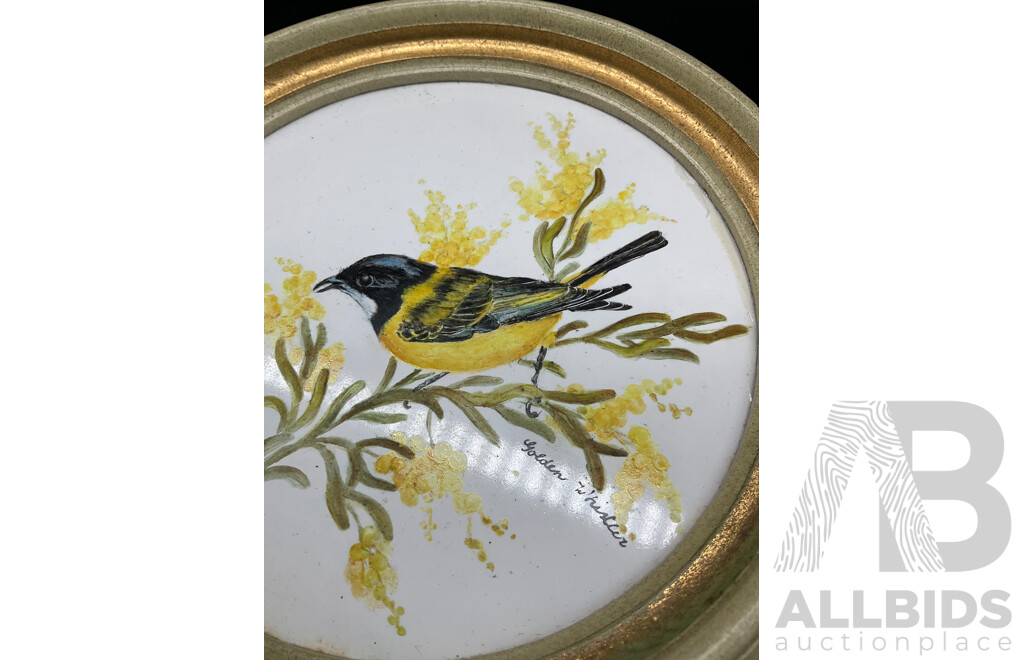 Set of 4 Bird on Branch Round Framed Art - Handpainted