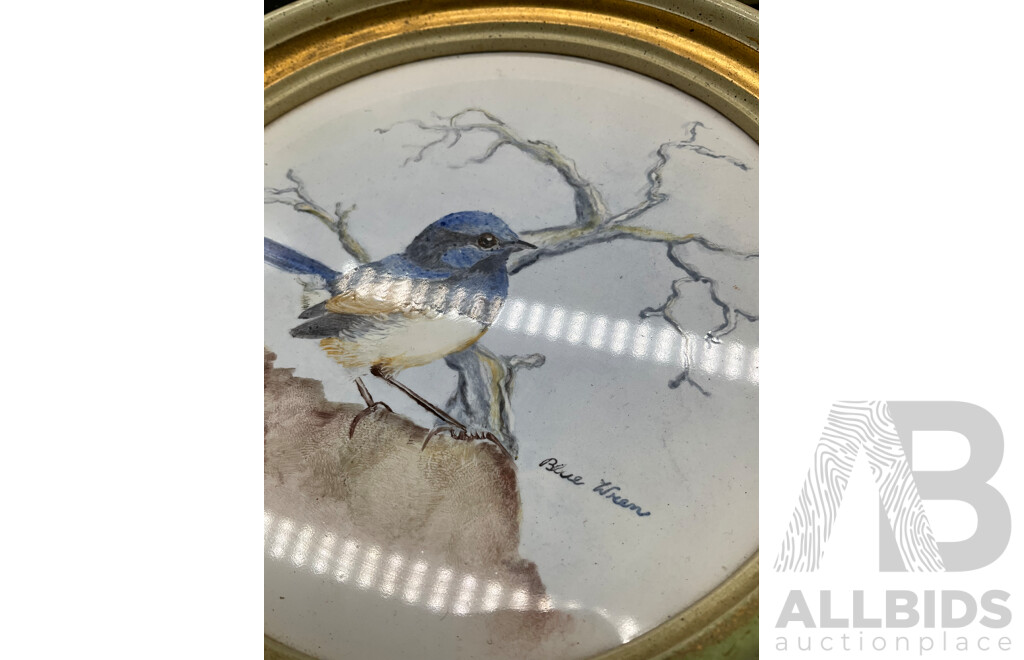 Set of 4 Bird on Branch Round Framed Art - Handpainted